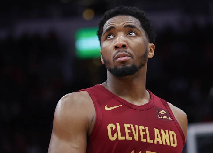 Mar 16, 2024; Houston, Texas, USA; Cleveland Cavaliers guard Donovan Mitchell (45) looks at the replay board while playing against the Houston Rockets in the second half at Toyota Center. Mandatory Credit: Thomas Shea-USA TODAY Sports